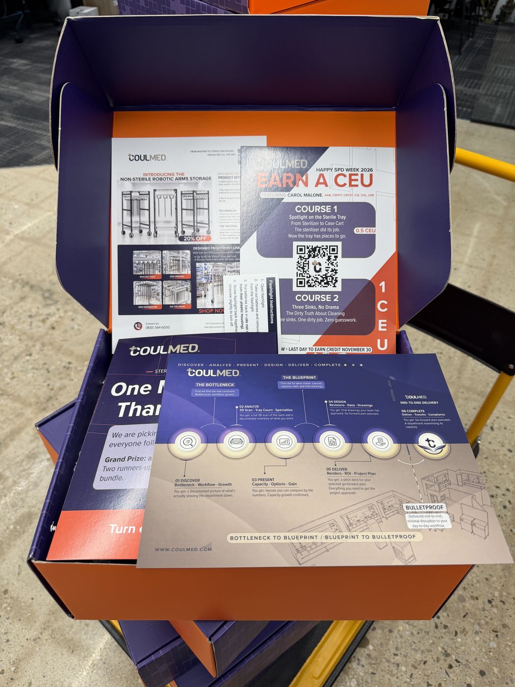 Open care-package box showing insert cards and continuing education postcard