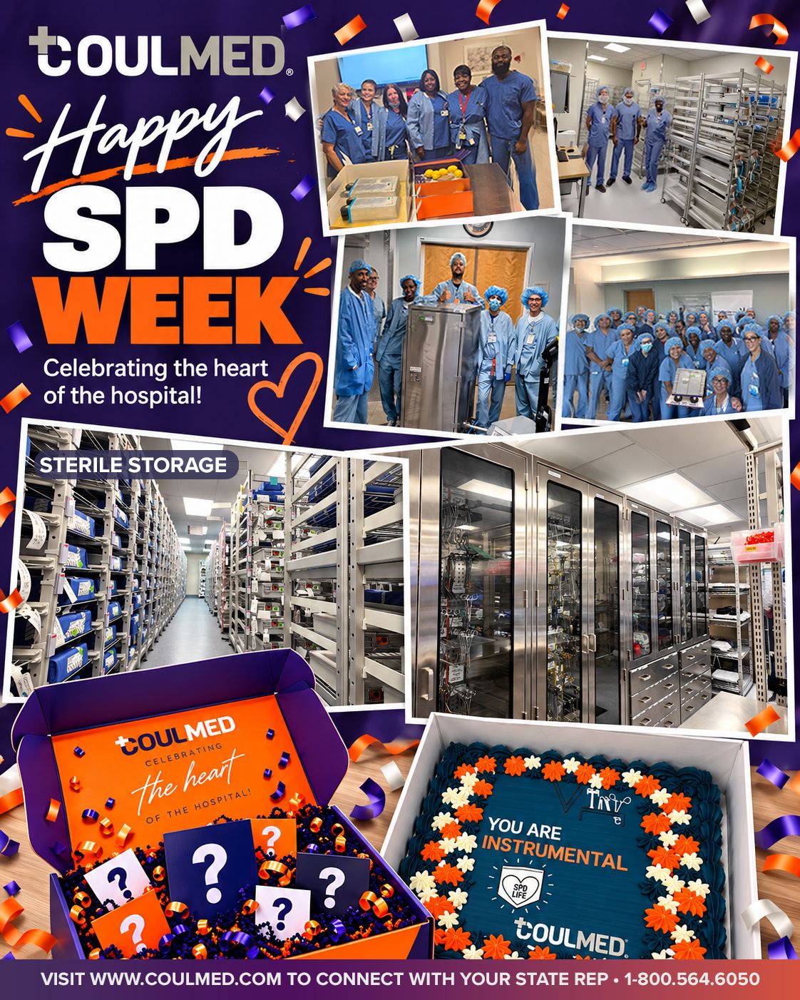Happy SPD Week poster collage with photos of hospital sterile processing teams and the care package