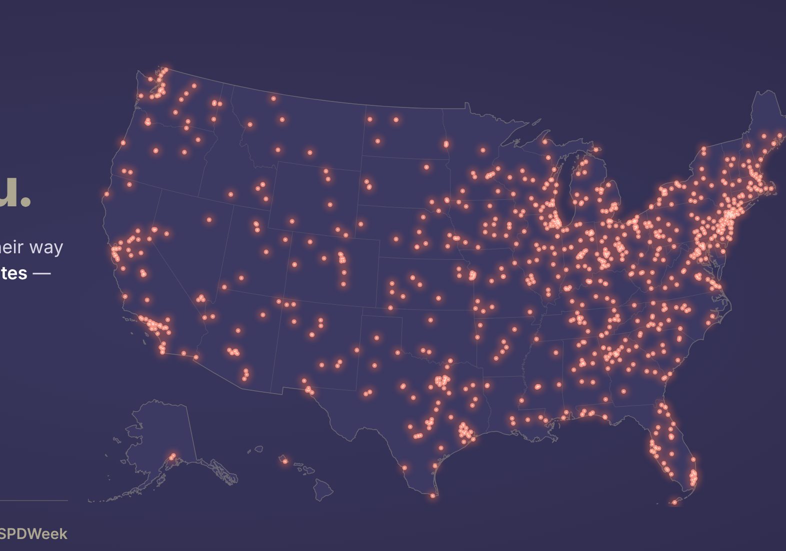 Map of the United States with a dot for every department that received a box