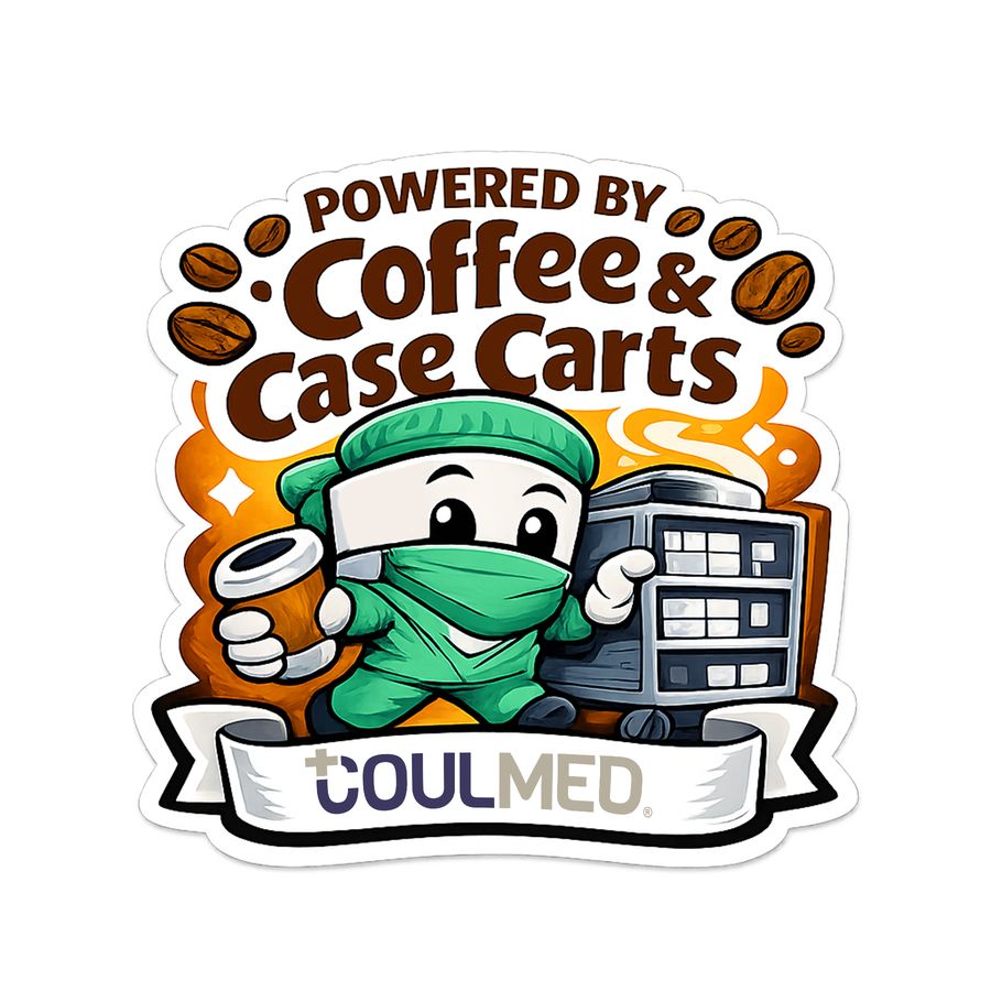Powered by Coffee and Case Carts sticker with SPD mascot