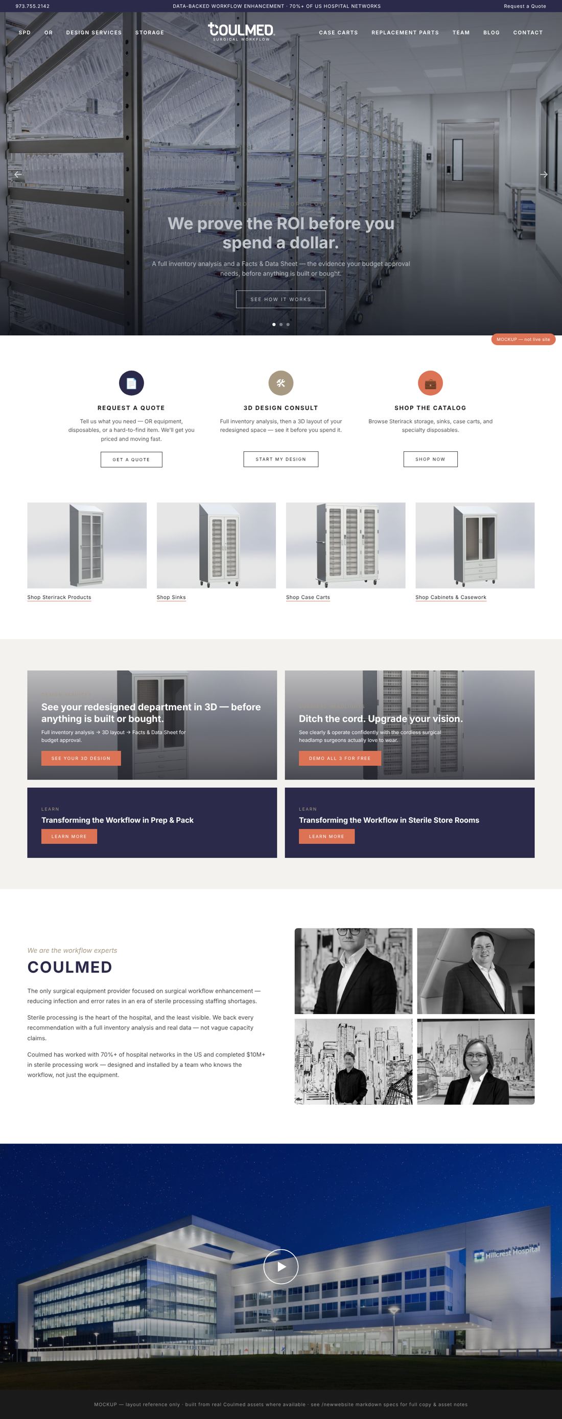 Full-length homepage redesign mockup for Coulmed: hero, quick actions, product grid, promo tiles, team and closing video